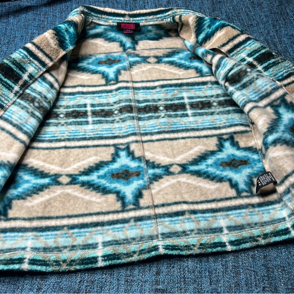 Rock N Roll Southwestern Fringe Boho Open Front Jacket Aztec Print in Blue Tan - Picture 5 of 7